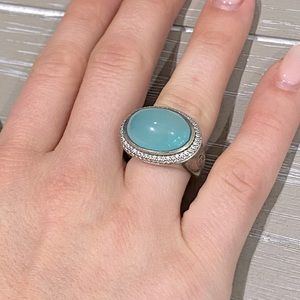 David Yurman Oval Aqua Chalcedony Diamond Ring (Horizontal setting)